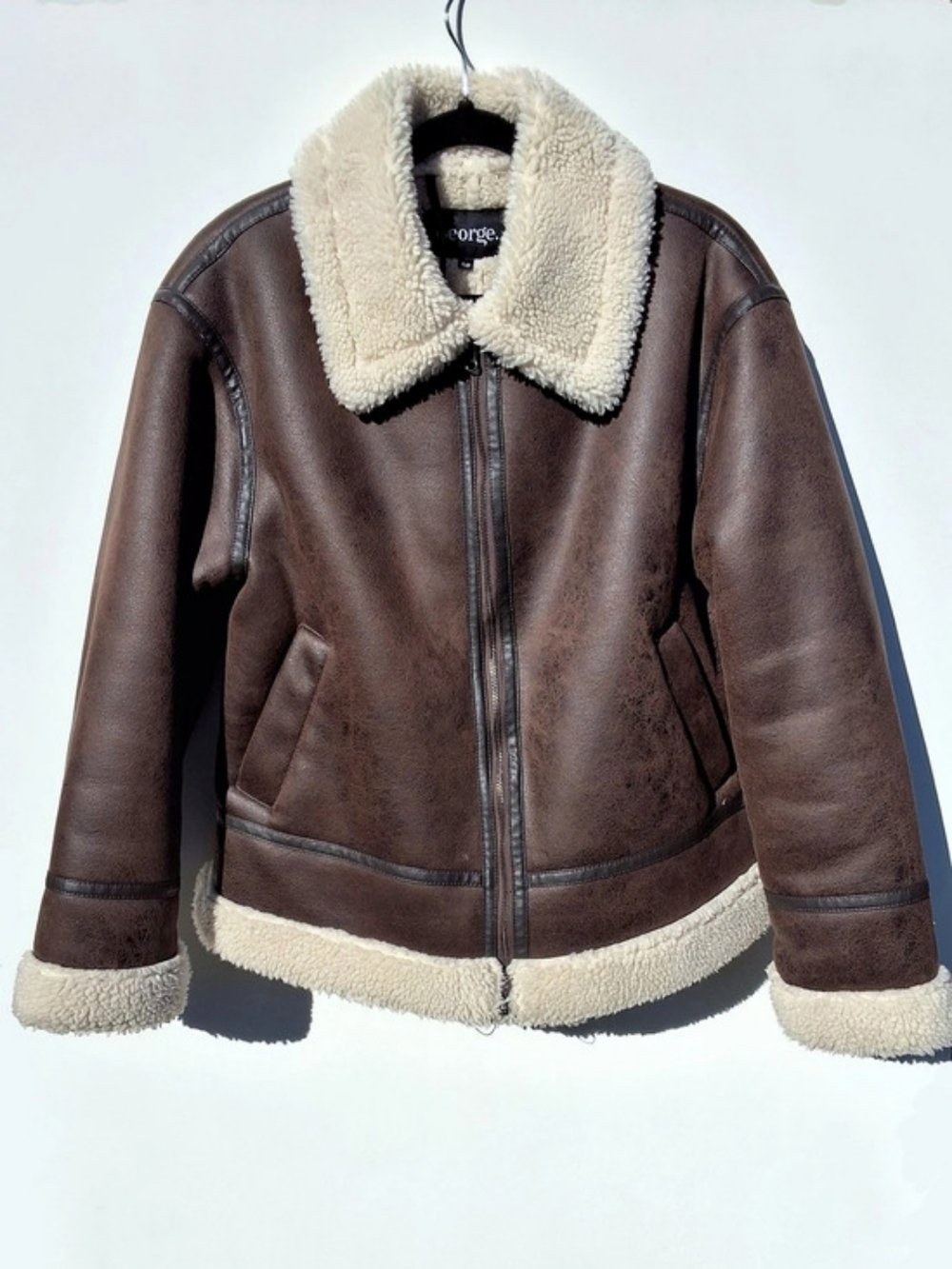 George Faux Leather Shearling Aviator Jacket - Brown/Cream (Size S)
